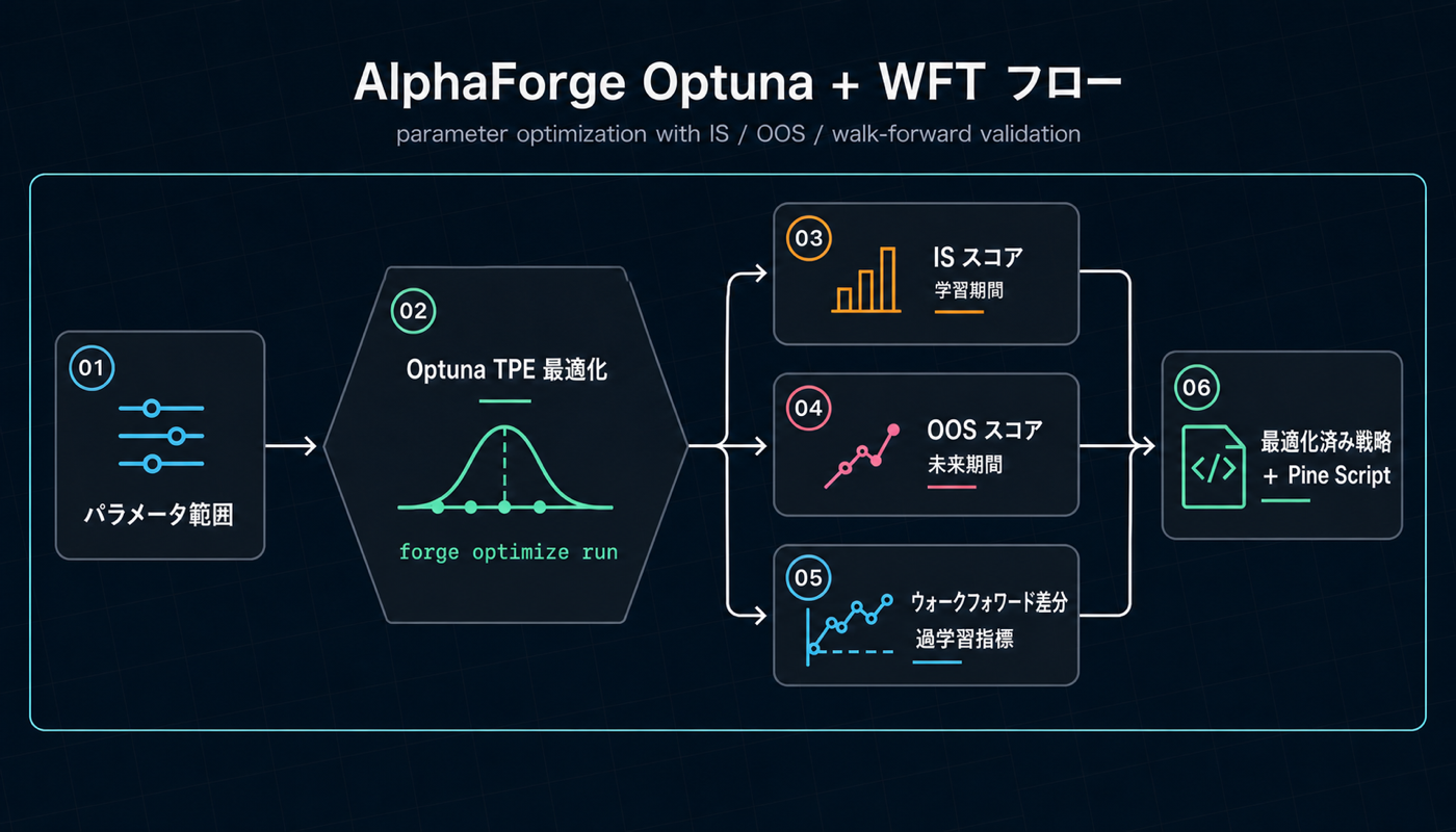 パラメータ範囲 → Optuna TPE 最適化 → IS/OOS/WFT 差分 → 最適化済み戦略 の枝分かれフロー
